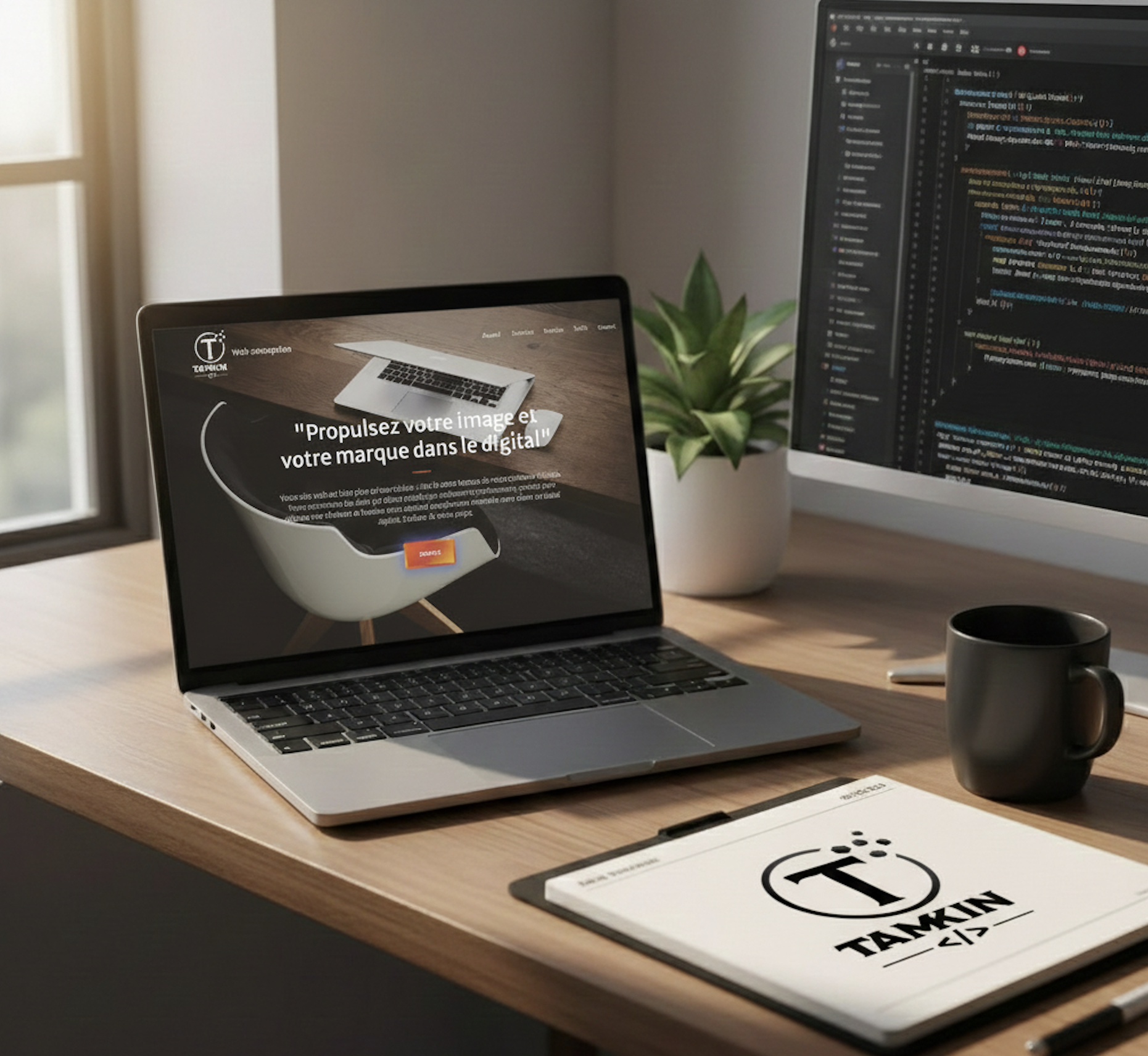 photo de bureau avec écran et bloc-note inscrit Tamkin